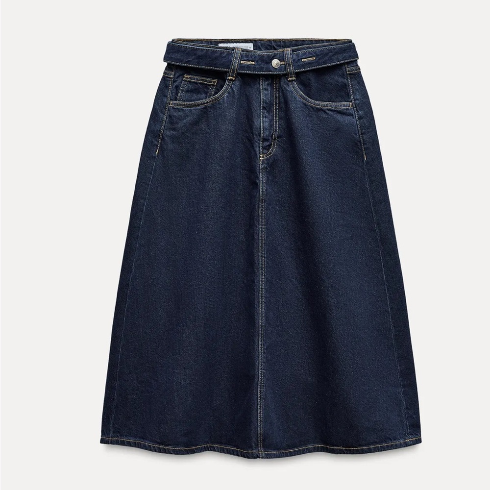 TRF Dark Blue Denim Midi Swing  Skirt